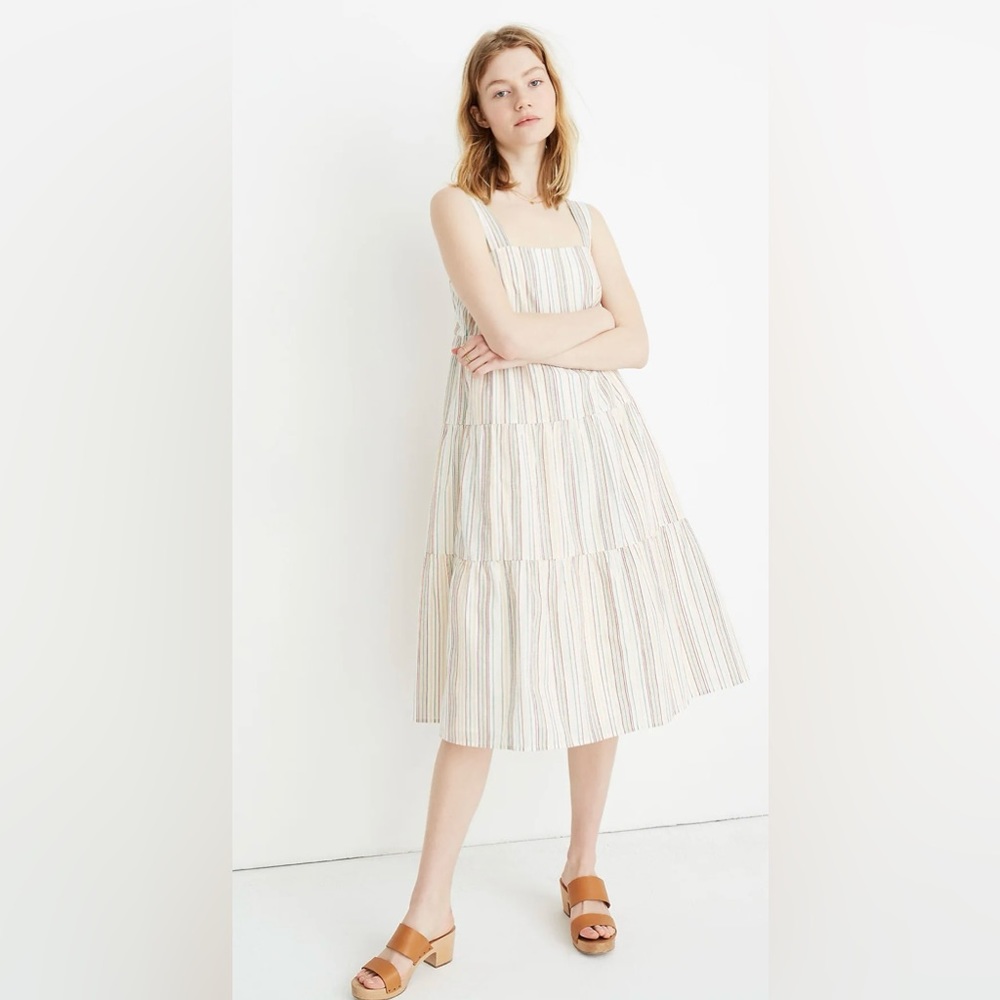 Madewell Button-Back Tiered Dress in Textural Rainbow Stripe